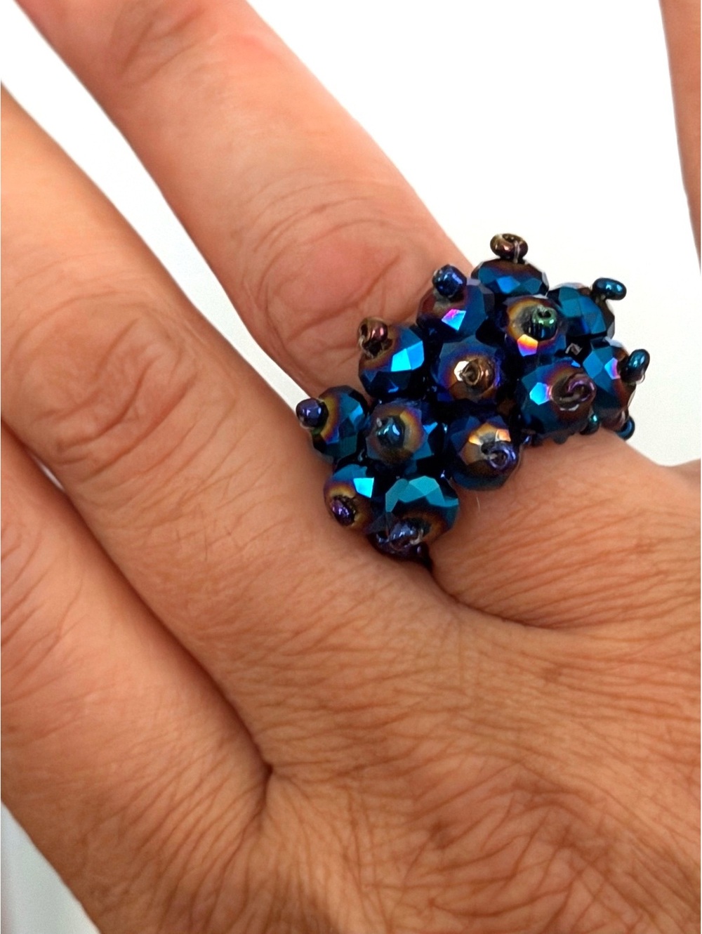 Vintage AB Blue Bead Cluster Ring - Faceted Crystal Statement, Stretch Band, 7-8